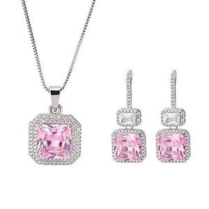 Pink Quartz and Lab Diamond Pendant Necklace and Earring Set